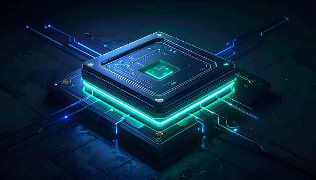 Futuristic glowing chip on circuit board emitting blue and green light in technology style