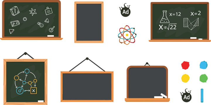 Chalkboard and Classroom Blackboard Icon Set with Math Formulas Science Diagrams Wooden Frames Blank Boards and Educational Teaching Elements Vector Design