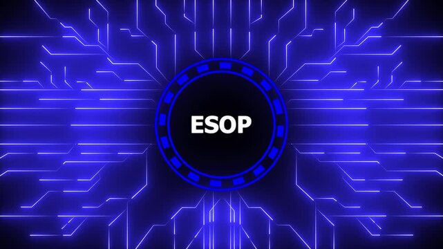 ESOP &ndash;Employee Stock Ownership Plan.ESOP concept head up display (HUD UI) panel and futuristic technology.Digital Data moving on Circuit Board and CPU.Computer Processing and organizing data.4k video.