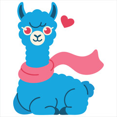 Fototapeta premium Adorable Blue Llama Character Wearing A Cozy Pink Scarf Vector Illustration Isolated Vector Illustration On White Background