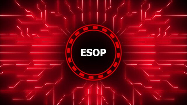 ESOP &ndash;Employee Stock Ownership Plan.ESOP concept head up display (HUD UI) panel and futuristic technology.Digital Data moving on Circuit Board and CPU.Computer Processing and organizing data.4k video.