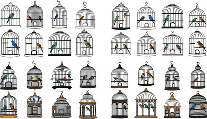 Bird cages collection with parrots and small birds vintage decorative cages vector illustration set © MdNazmul