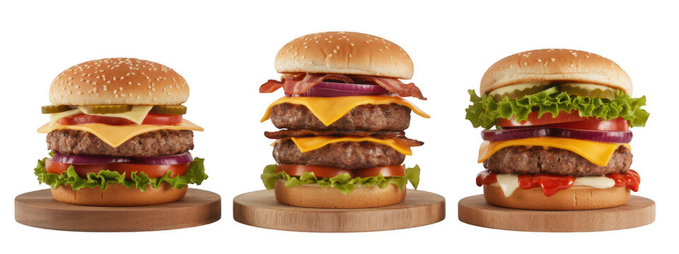 Three double- decker burgers on wooden boards double-decker cheese lettuce isolated on a transparent background