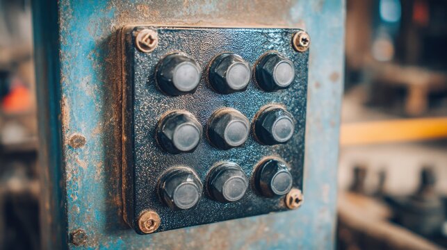 Industrial Control Panel with Nine Hexagonal Buttons on a Textured Metal Surface