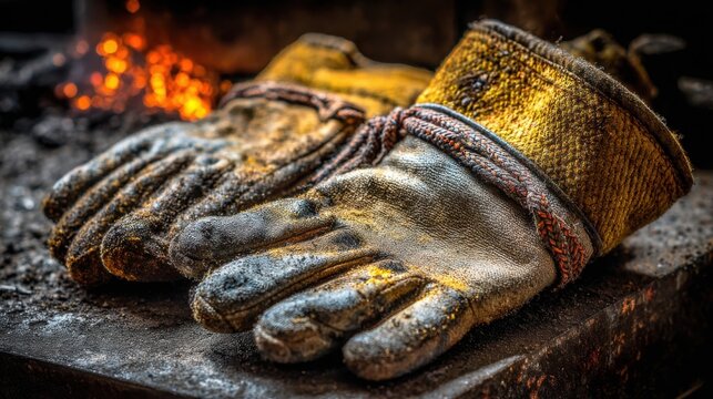 Heavy duty welding safety gloves made of thick cowhide, worn and textured for industrial work