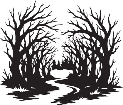 Spooky haunted forest path with bare trees and fog silhouette vector on a white background