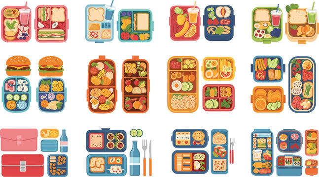 Colorful lunch box food set with sandwiches, fruits, vegetables, snacks and drinks isolated flat vector illustration collection for healthy meal concepts
