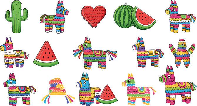 Colorful pinata collection with llama figures, cactus, watermelon and festive party decorations cartoon vector illustration set