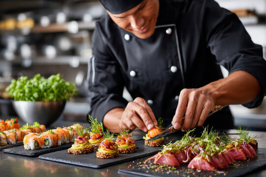 Chef Garnishing Small Appetizers and Sushi Rolls