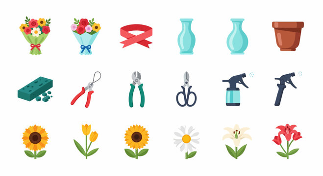 Gardening tools and flowers icons set.