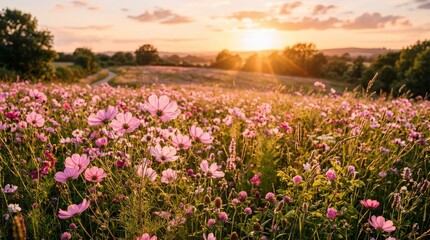 Obraz premium Vibrant pink cosmos flowers blooming in a sunlit meadow at golden hour creating a serene natural landscape in the peaceful countryside