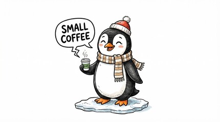 Obraz premium Penguin holding small coffee cup and smiling on ice 