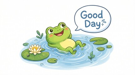 Obraz premium Cheerful cartoon frog relaxing on lily pad in calm water 