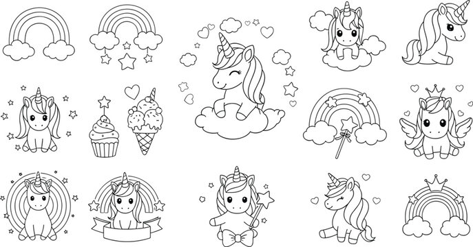 Cute unicorn coloring page set with rainbows, clouds, stars and magical fantasy characters outline vector illustration collection for kids activity