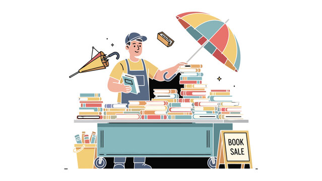 Literary Haven Under the Sun: A friendly bookseller stands beside a bustling stall, offering a curated collection of literary treasures, sheltered by a colorful umbrella.