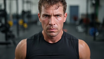 Obraz premium A muscular man with a determined expression in a modern gym after an intense workout session