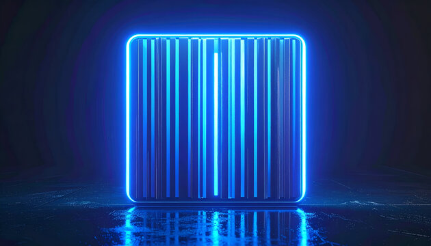 Glowing blue barcode-like square with rounded corners on dark reflective surface