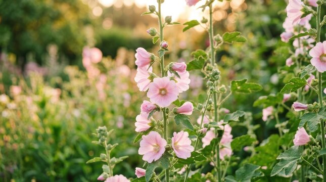 Beautiful blooming hollyhocks in a vibrant garden during sunset