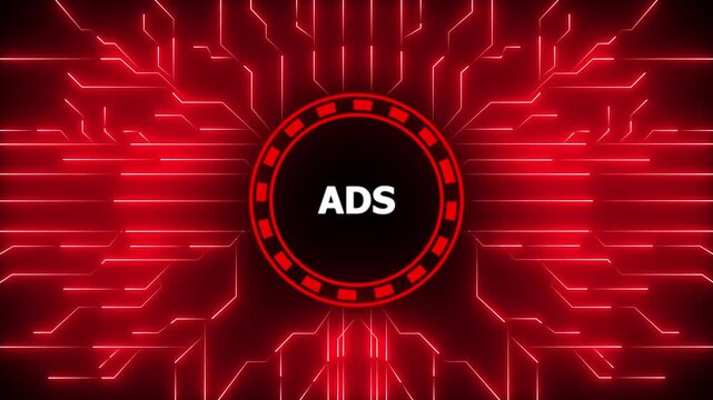 Digital advertising technology concept with glowing circuitry and the word ads.4k animation motion video.