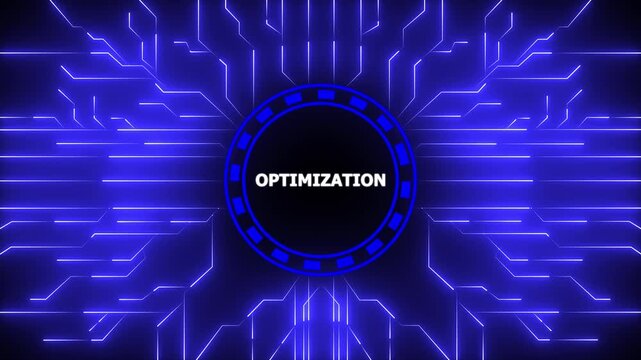 Digital optimization concept featuring circuit board elements and blue glowing visualization,4k animation motion video.