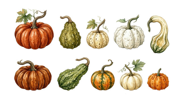 Watercolor collection of diverse gourds and pumpkins for autumn harvest decoration