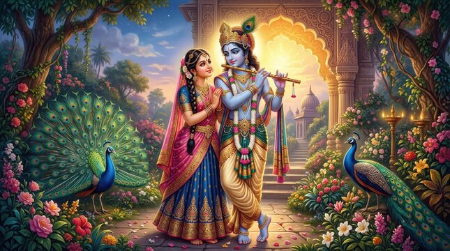 Krishna and radha in a garden with peacocks flowers