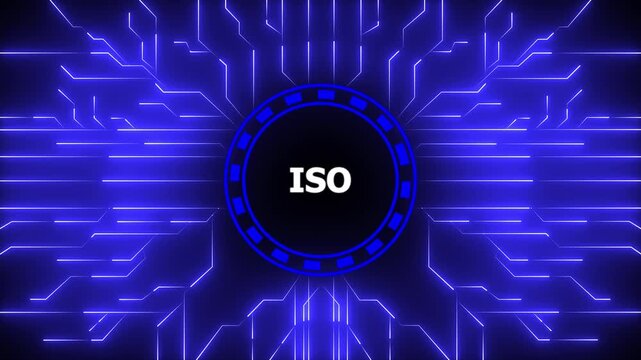 Digital iso certification concept with animated futuristic blue circuitry background,4k animation motion video.
