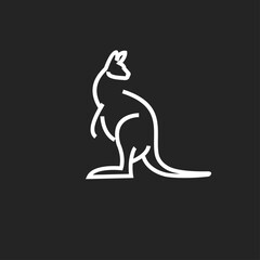 Fototapeta premium Minimalist White Line Art Kangaroo Logo on Black Background - Stylized Animal Icon Design