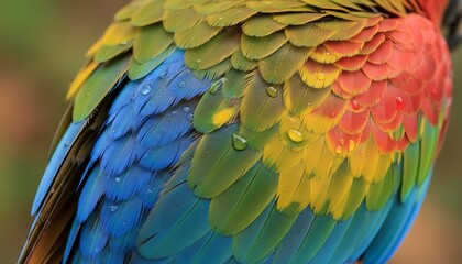 Obraz premium A close-up view of the vibrant feathers of a parrot, showcasing a colorful array of textures and hues.
