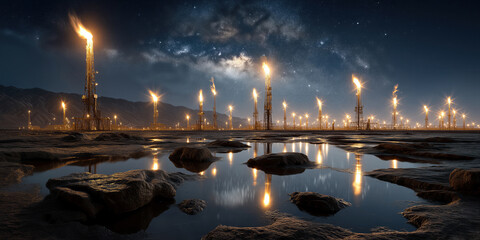 Fototapeta premium Remote refinery with fiery flares and starry sky creating dramatic atmospheric imagery