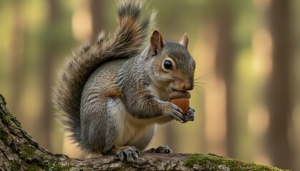 Fototapeta premium A squirrel sitting on a tree branch eating an acorn in a forest
