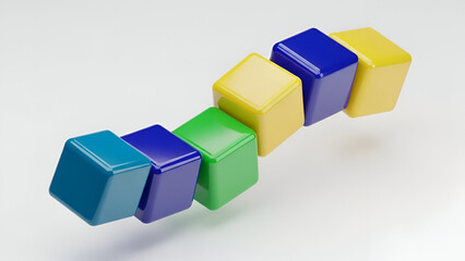 Obraz premium Stacked colorful toy cubes on white background in a row; vibrant and playful design