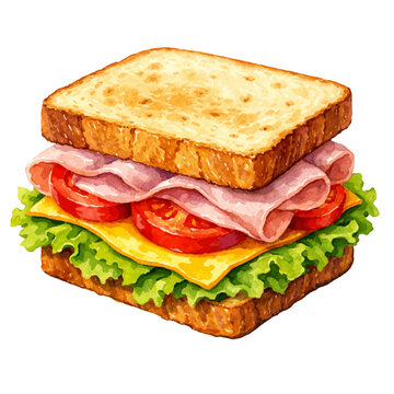 Watercolor ham sandwich illustration, toasted bread with cheese, tomato, lettuce and ham isolated on white background.