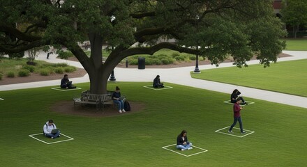 Obraz premium University students studying on a campus lawn, maintaining social distance within white marked squares. Represents new health protocols.