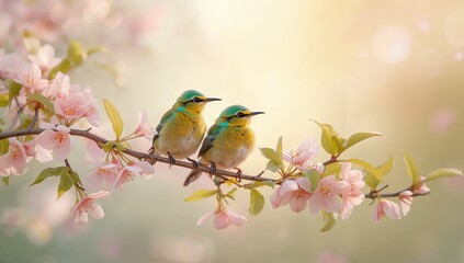 Fototapeta premium Two small birds perch calmly on blossoming branches
