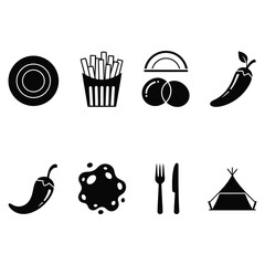 Collection of black food and camping icons on white background. Food and dining related icons including on white background