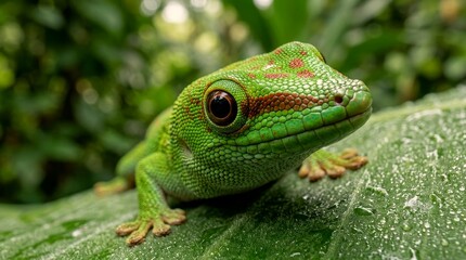 Fototapeta premium Green day gecko macro close up with detailed scales and eye contact tropical reptile portrait