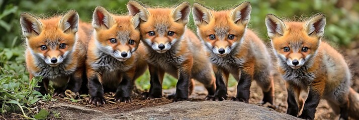 Obraz premium Playful Red Fox Cubs Vulpes vulpes Exploring Their Natural Habitat Together in the Great Outdoors