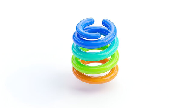 Colorful stacked plastic chain links create playful spiral tower on white background