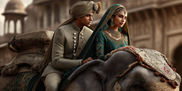 Grand Indian royal setting featuring couple in elaborate attire and historic surroundings