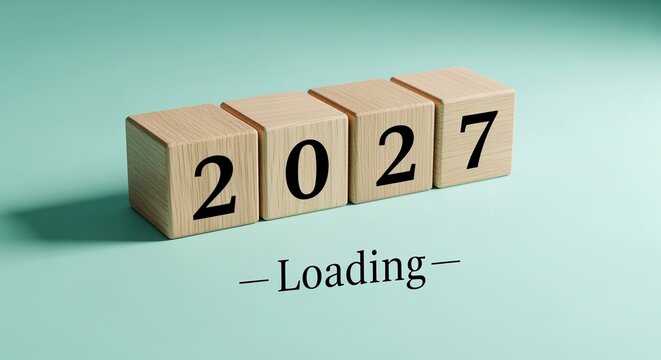Minimalist Wooden Blocks Displaying Year Twenty Twenty-Seven on a Soft Mint Background with Loading