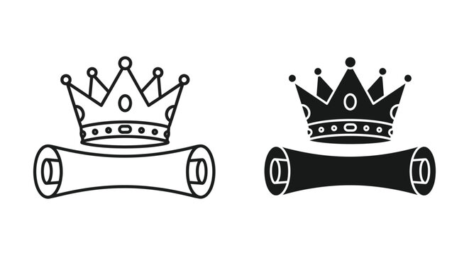 Crown and scroll icon set, royal decree or king law symbol, vector illustration