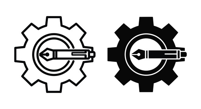 Gear and fountain pen icon set, creative engineering and writing concept