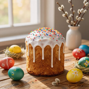 Still life of religious Easter holiday symbols and spring decorations,Sweet Easter pastry with sugar glaze and colorful sprinkles near window,web banner, 3d render food 