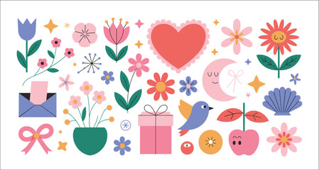 Fototapeta premium Collection of flat featuring flowers hearts a crescent moon a bird a gift box and an envelope in a pastel color palette with simple geometric shapes and cute character faces