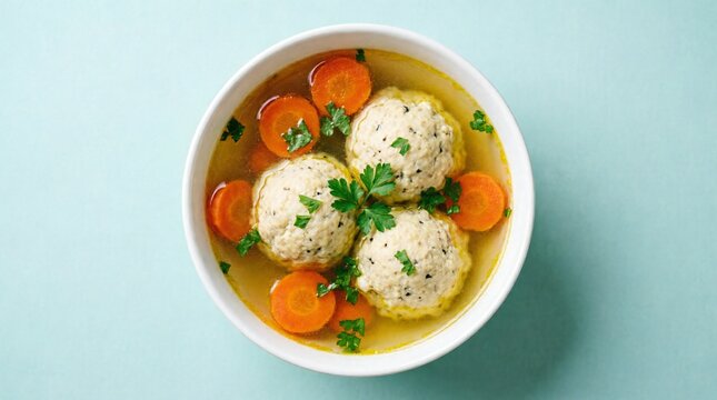 Traditional Jewish matzah ball soup with carrots in white bowl, top view. Comfort food with fluffy dumplings in clear golden broth on pastel background. Perfect for culinary and cultural concepts.