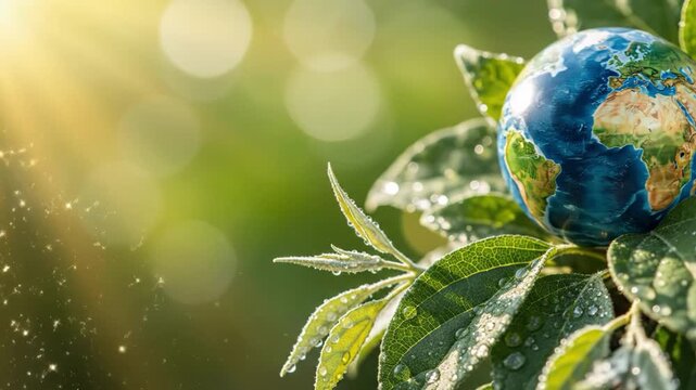 A globe sitting on green leaves with water droplets on them in sunlight
