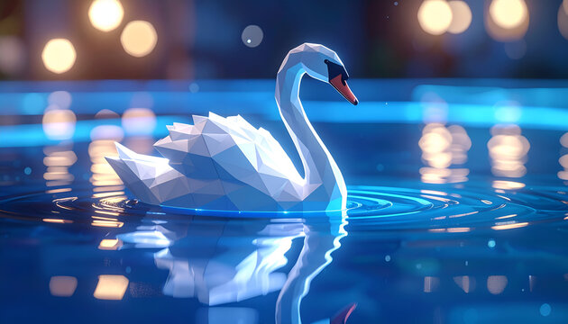Low polygon swan floating in blue water; polygonal style swan on water surface