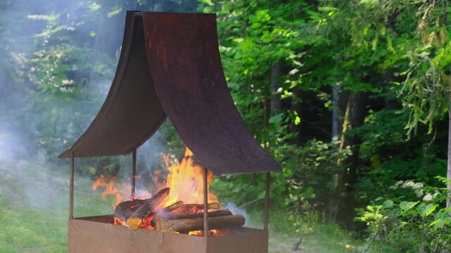 Fire burns brightly in metal brazier with roof in green forest at picnic. Flame rises on chopped firewood to cook food on grill in summer park