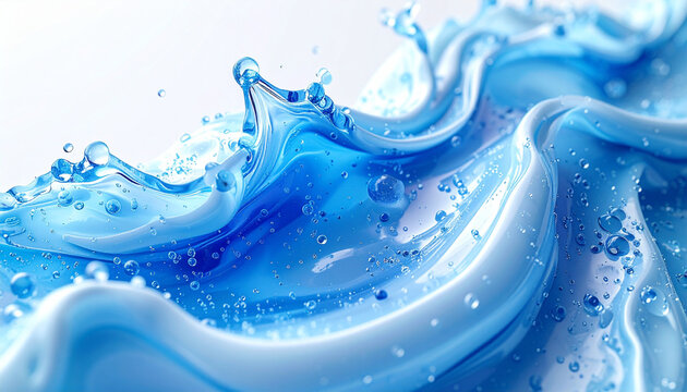 青い水しぶきと白濁した液体の流動的な波が交差する透明感溢れるクローズアップ